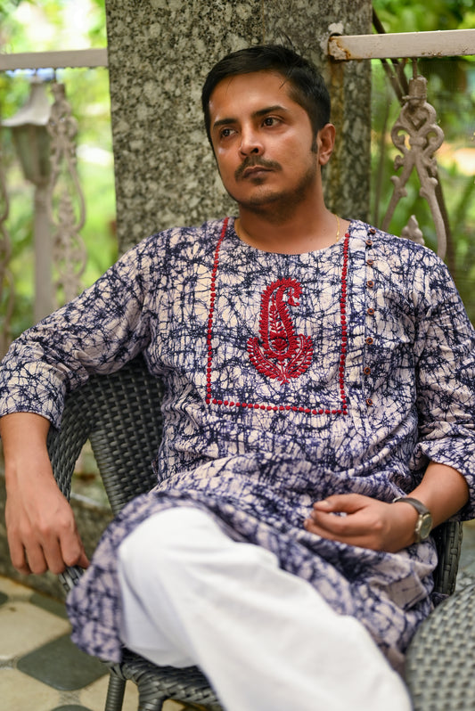BLUE BATIK EMBROIDERED COTTON KURTA