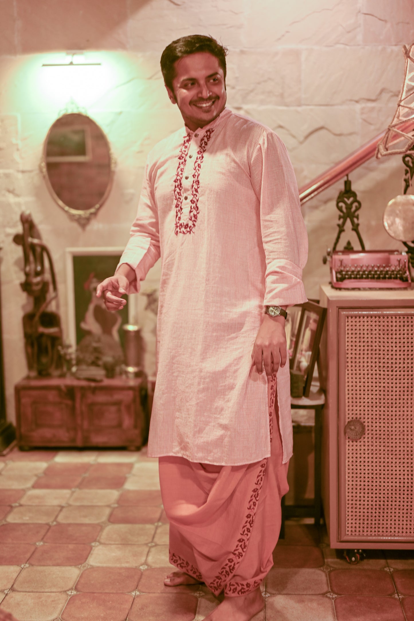 VINTAGE BEIGE HAND BLOCK PRINTED DHUTI