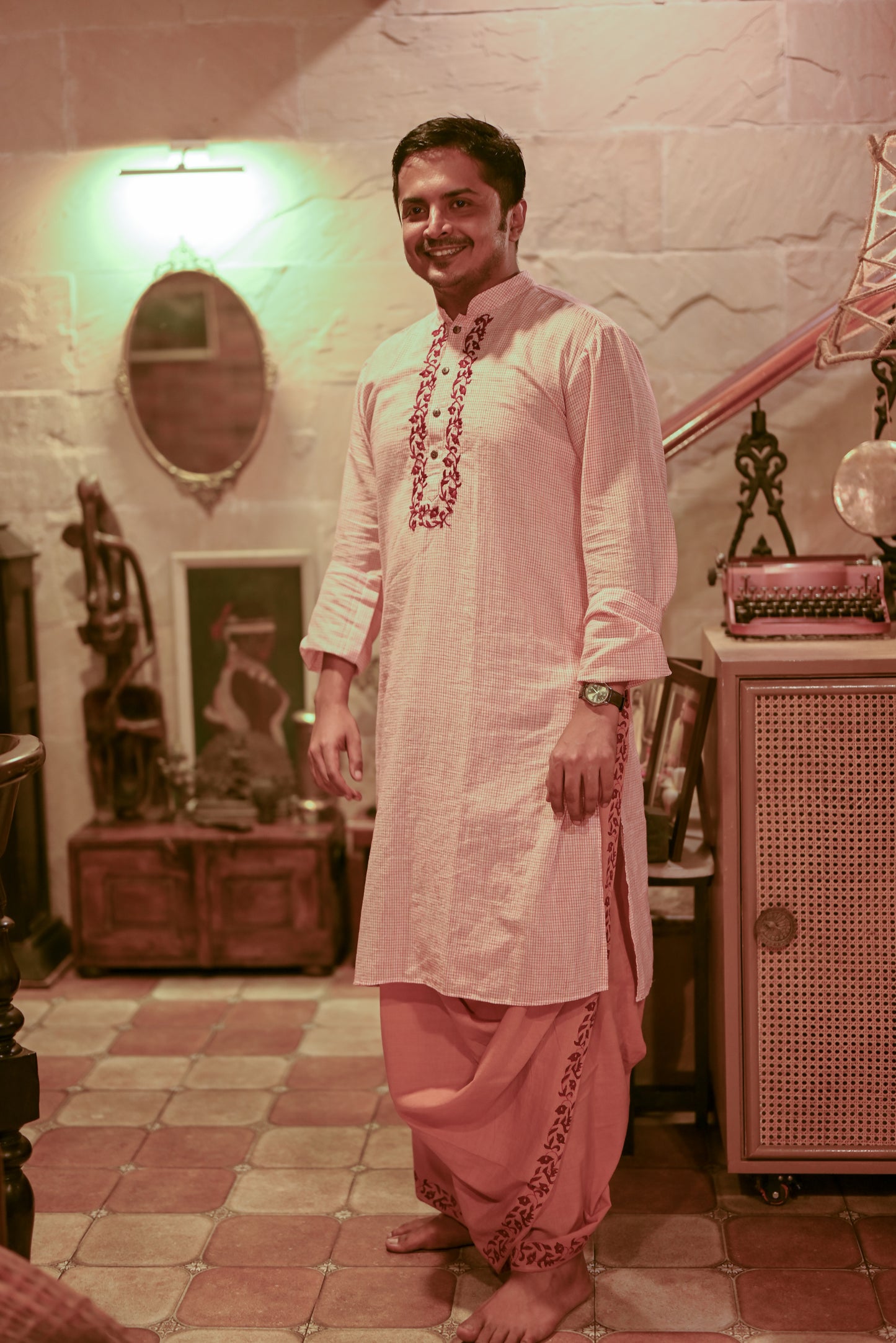 VINTAGE BEIGE HAND BLOCK PRINTED DHUTI