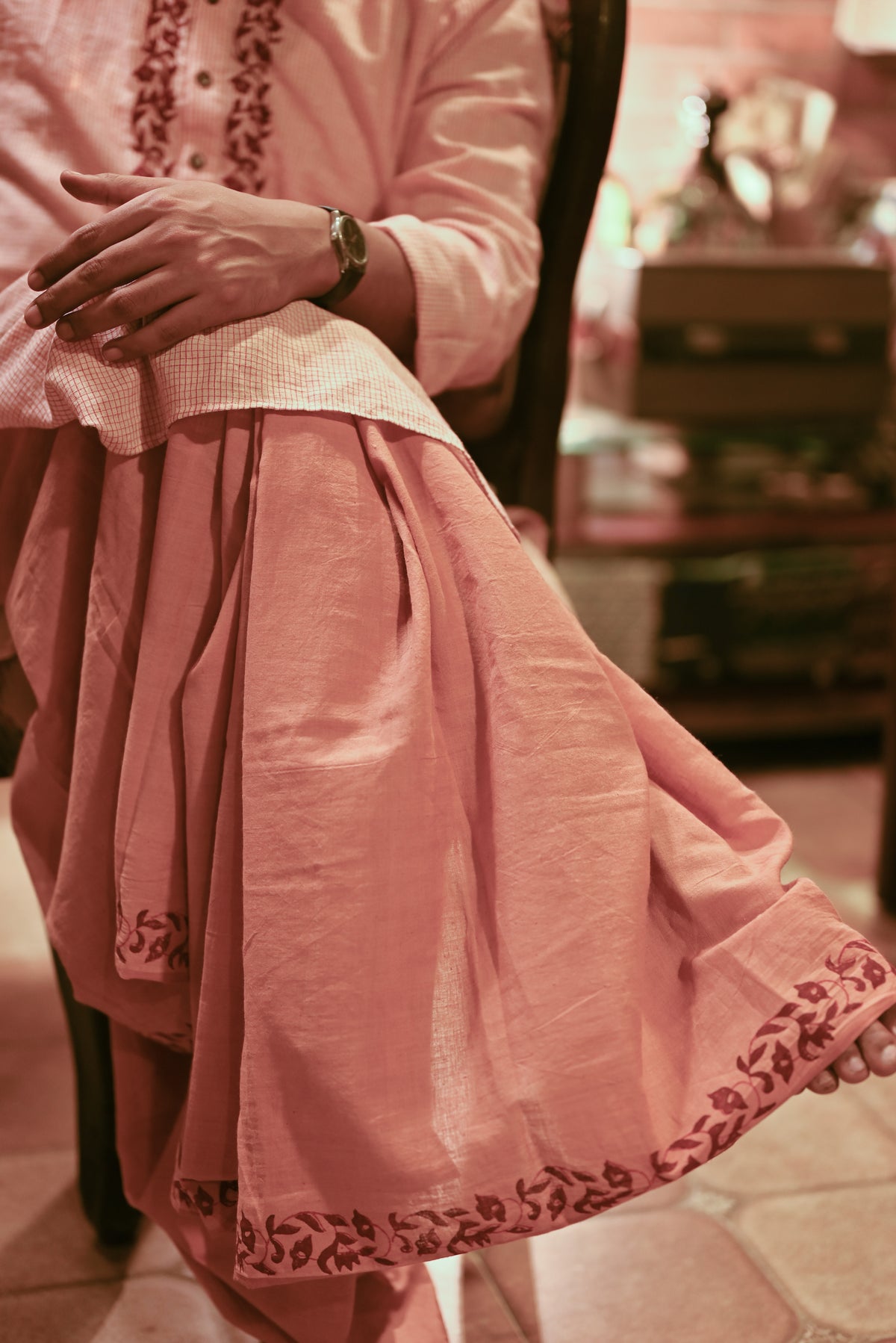 VINTAGE BEIGE HAND BLOCK PRINTED DHUTI