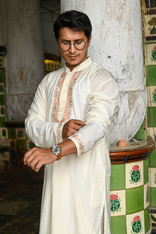 OFF-WHITE BELWARI EMBROIDERED HANDLOOM COTTON KURTA