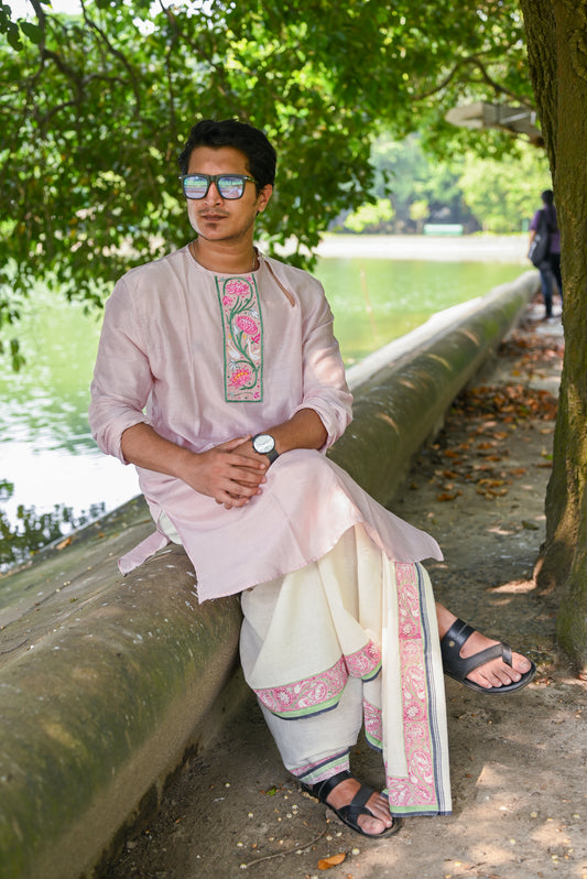AJANTA MURAL EMBROIDERED PINK CHANDERI KURTA