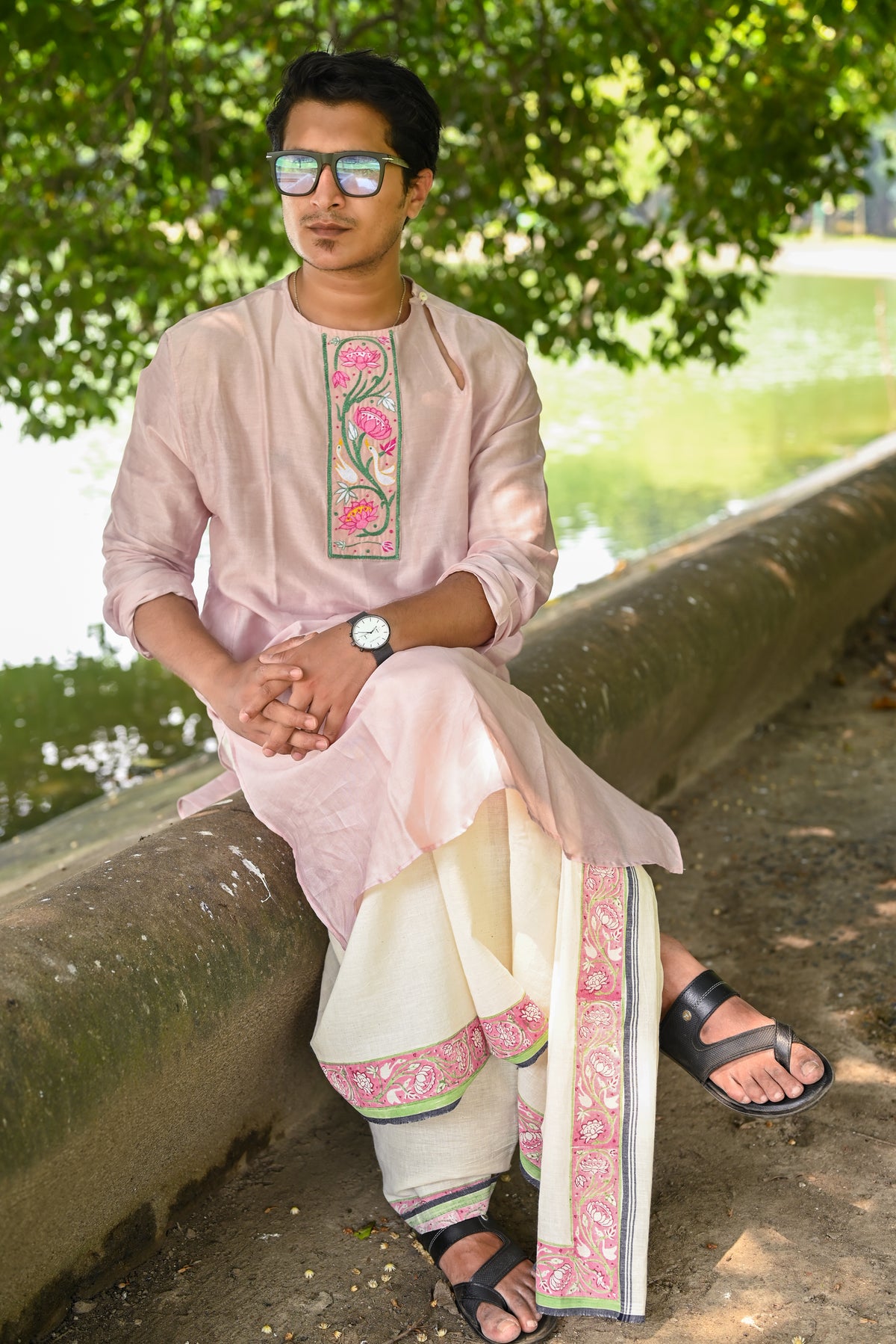 AJANTA LOTUS-WATERLILY HAND BLOCK PRINTED DHUTI