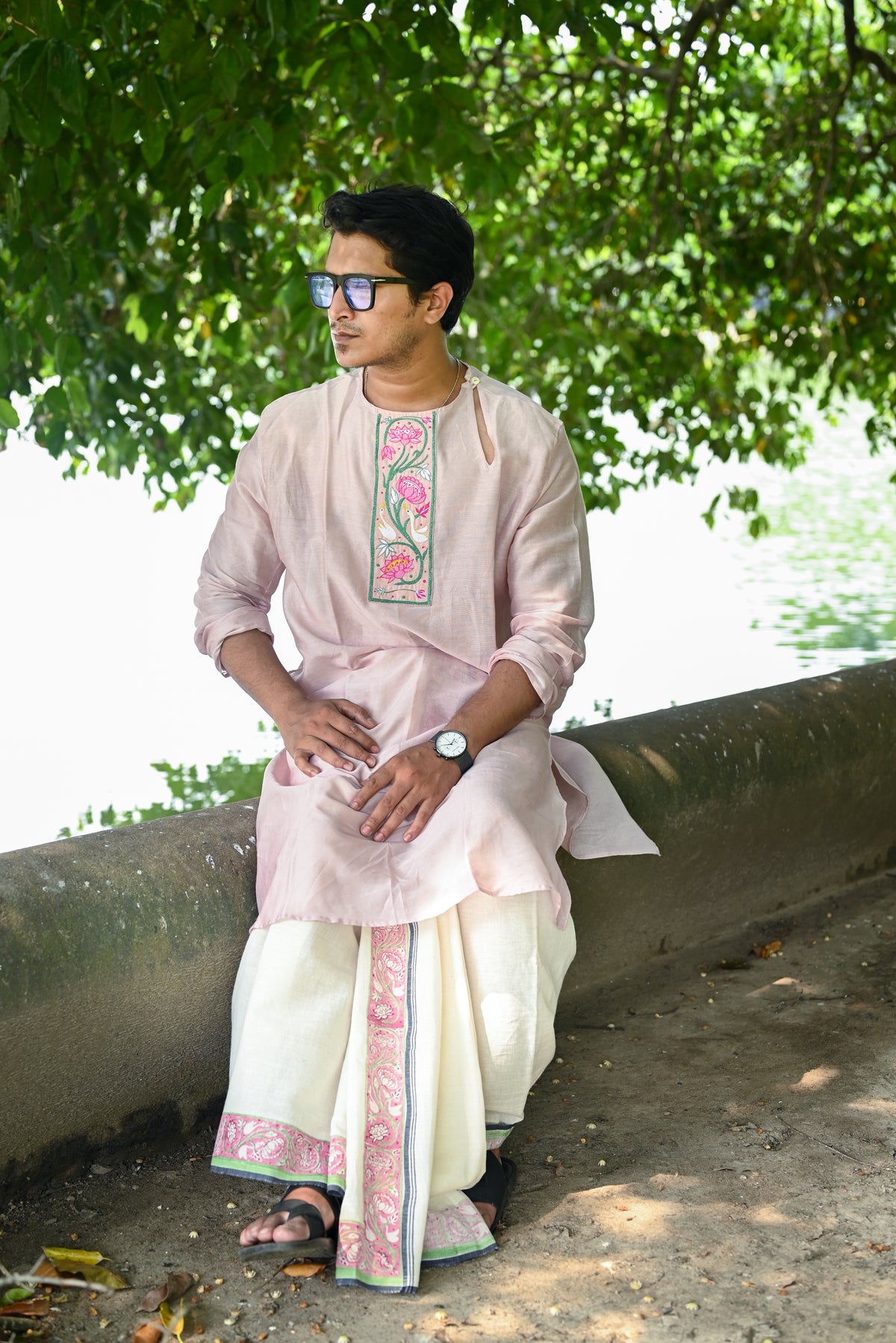 AJANTA MURAL EMBROIDERED PINK CHANDERI KURTA