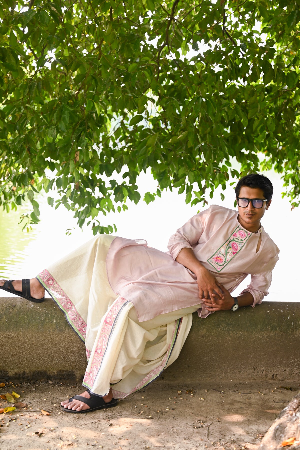 AJANTA MURAL EMBROIDERED PINK CHANDERI KURTA