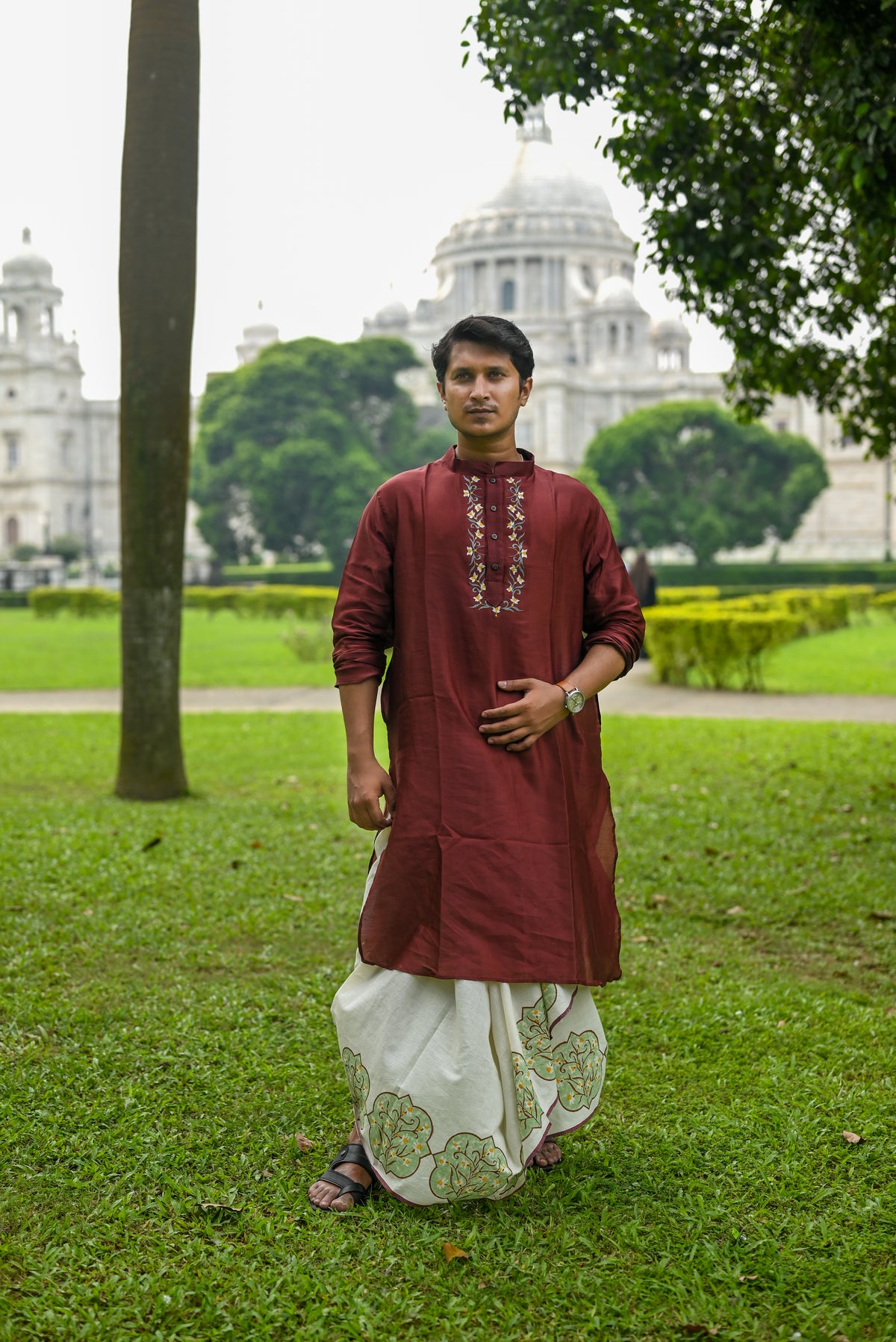 NARGIS FLOWER EMBROIDERED BROWN CHANDERI KURTA
