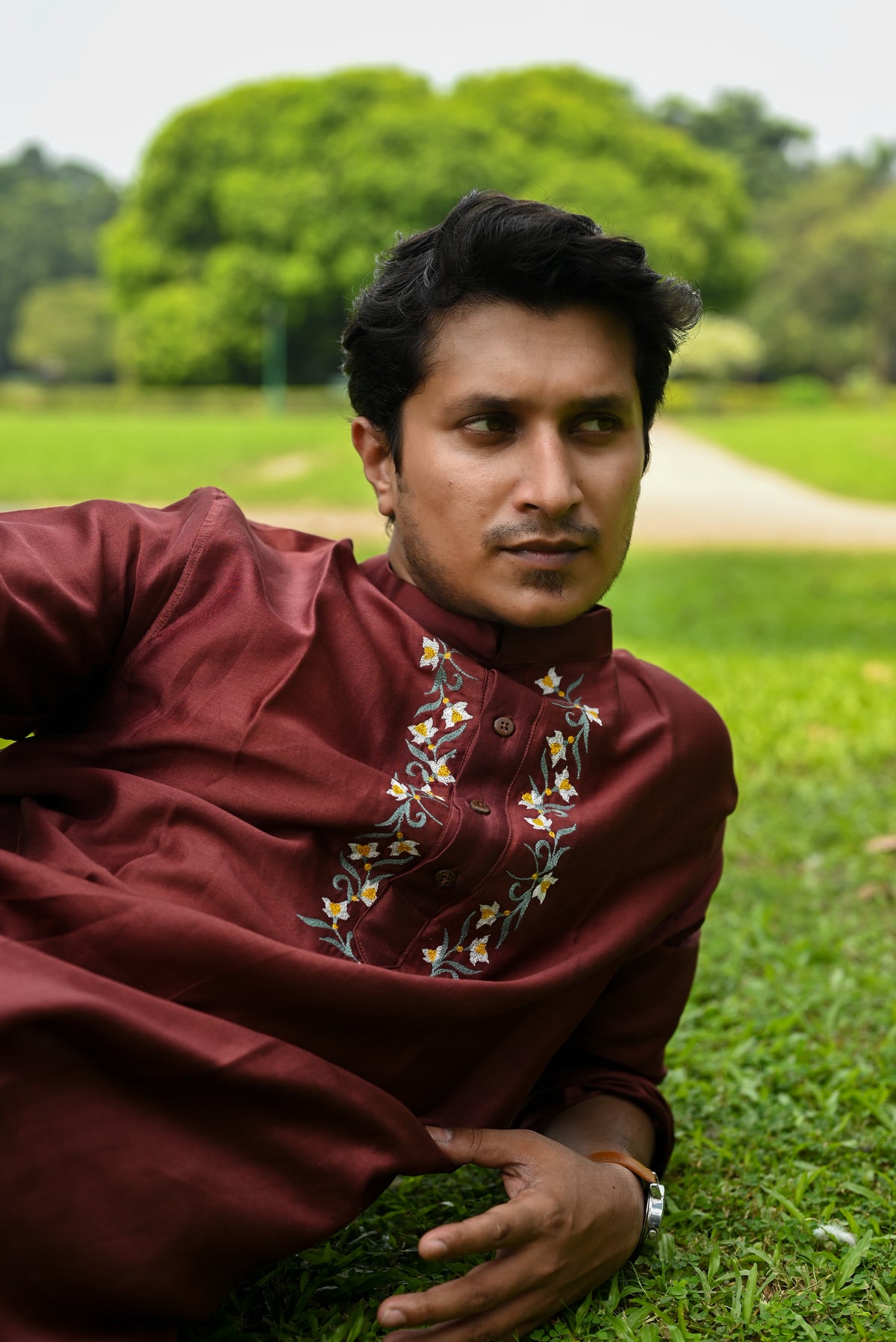 NARGIS FLOWER EMBROIDERED BROWN CHANDERI KURTA