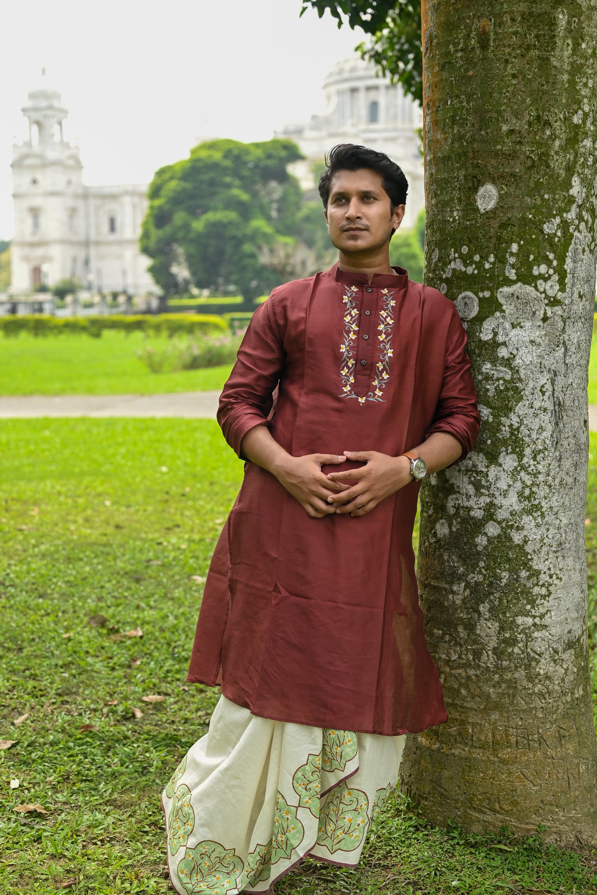 NARGIS FLOWER EMBROIDERED BROWN CHANDERI KURTA