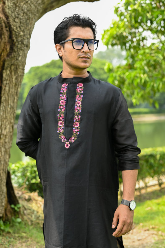 BLACK KASHMIRI GUL EMBROIDERED CHANDERI KURTA