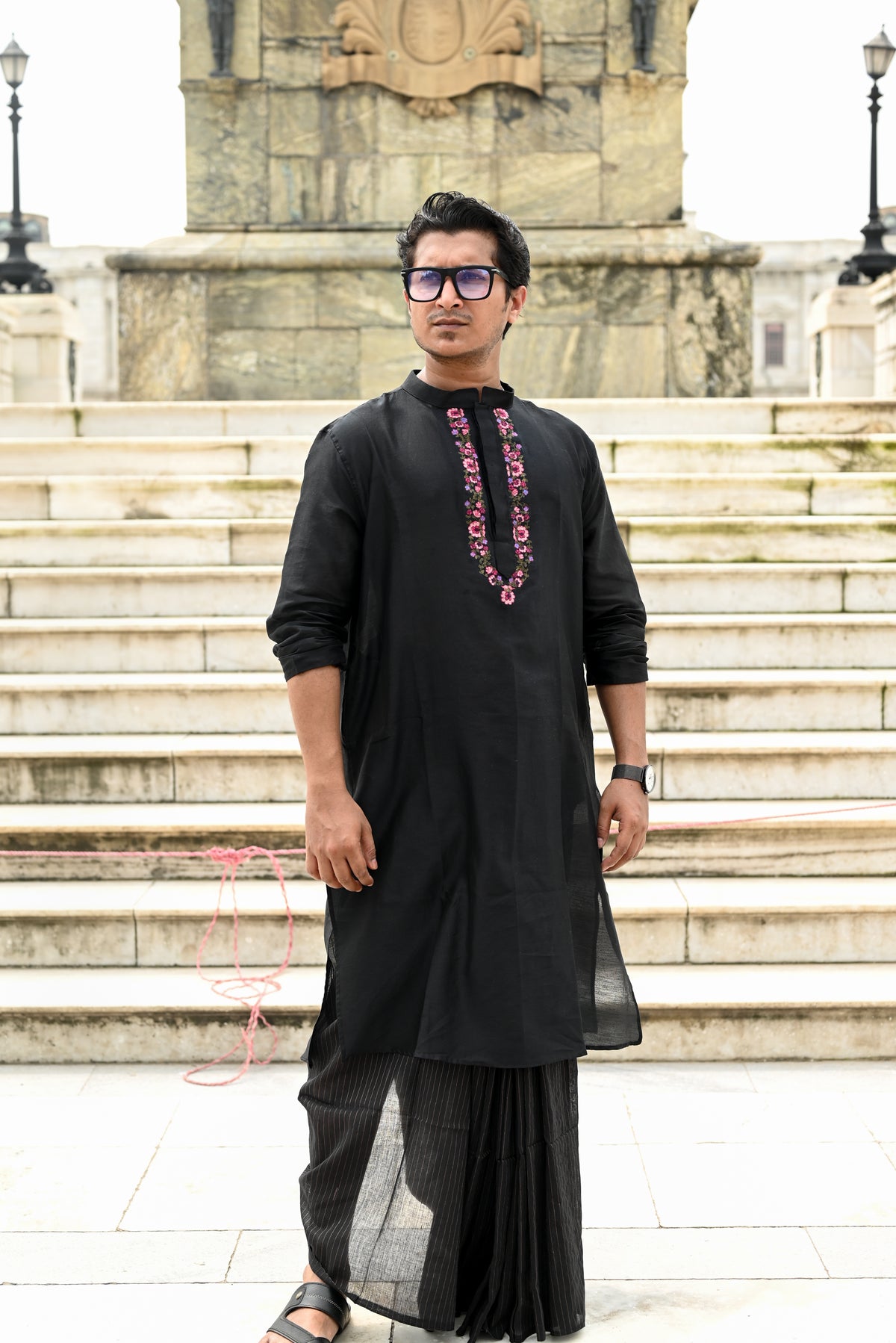 BLACK KASHMIRI GUL EMBROIDERED CHANDERI KURTA