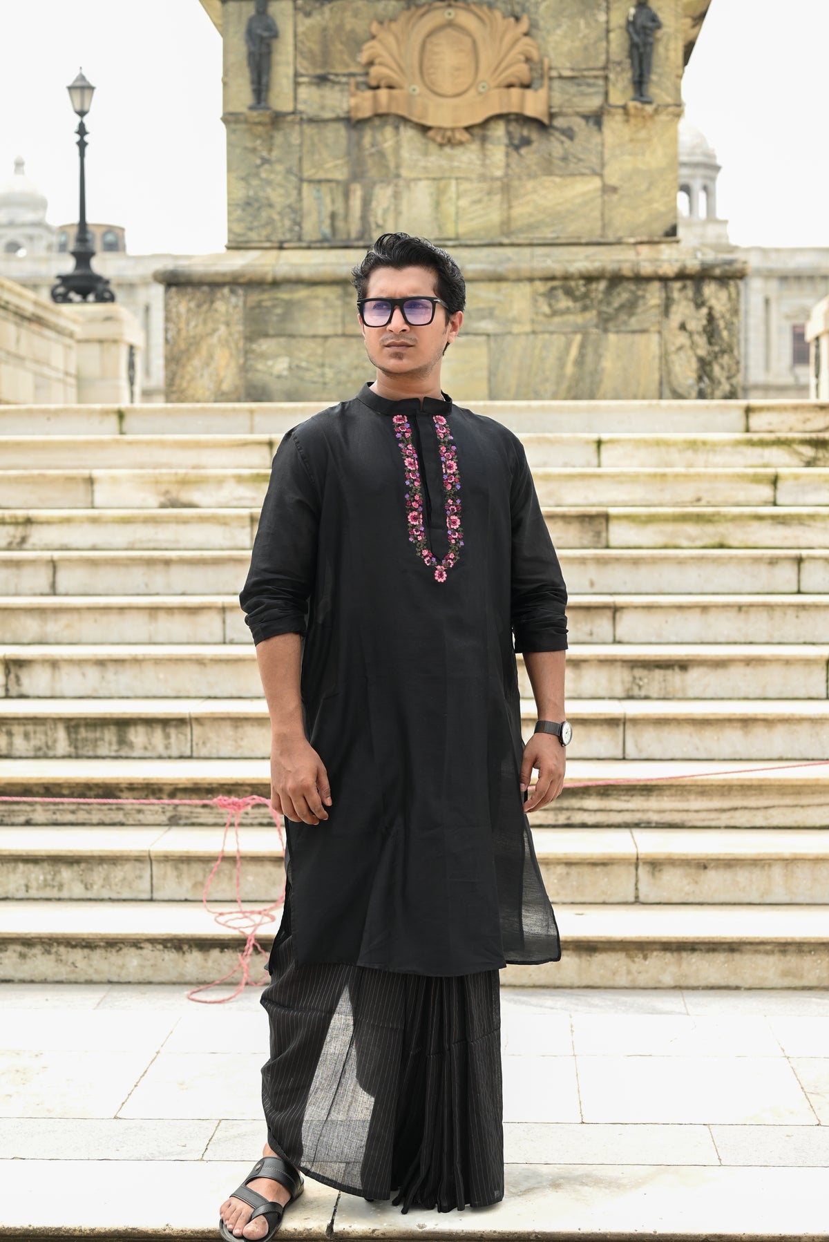 BLACK KASHMIRI GUL EMBROIDERED CHANDERI KURTA