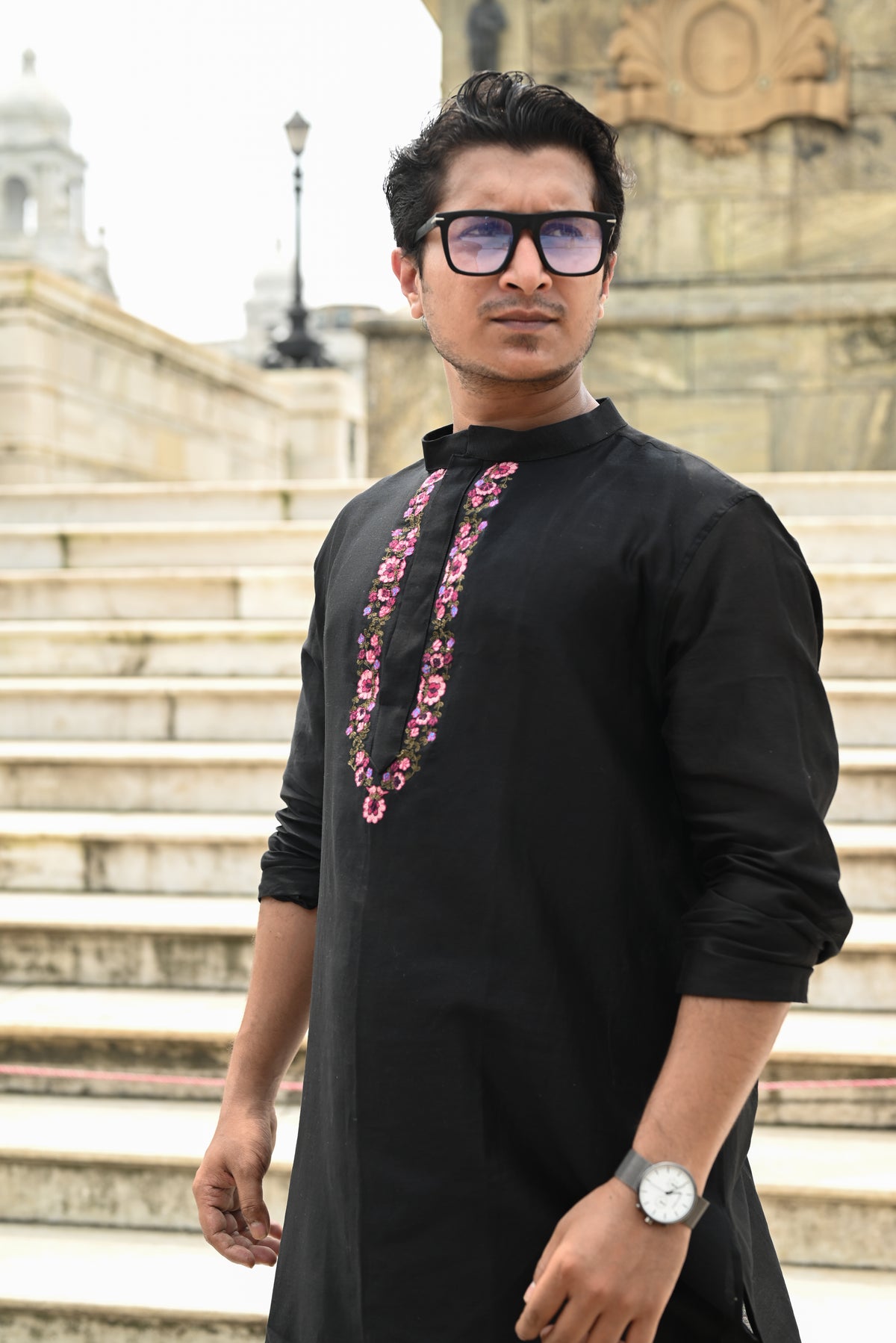 BLACK KASHMIRI GUL EMBROIDERED CHANDERI KURTA