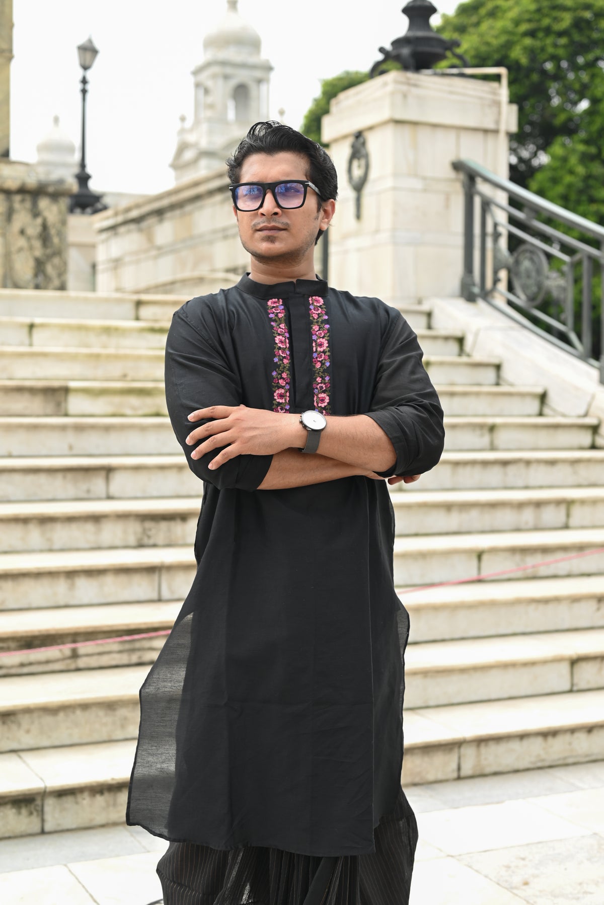 BLACK KASHMIRI GUL EMBROIDERED CHANDERI KURTA