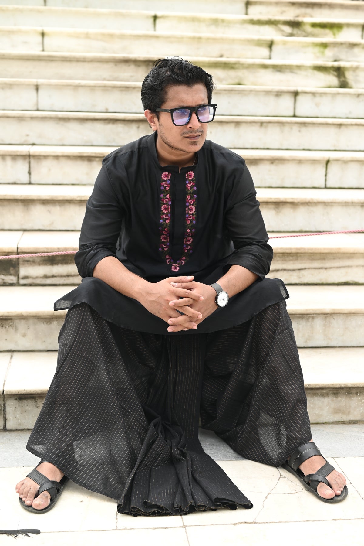 BLACK KASHMIRI GUL EMBROIDERED CHANDERI KURTA