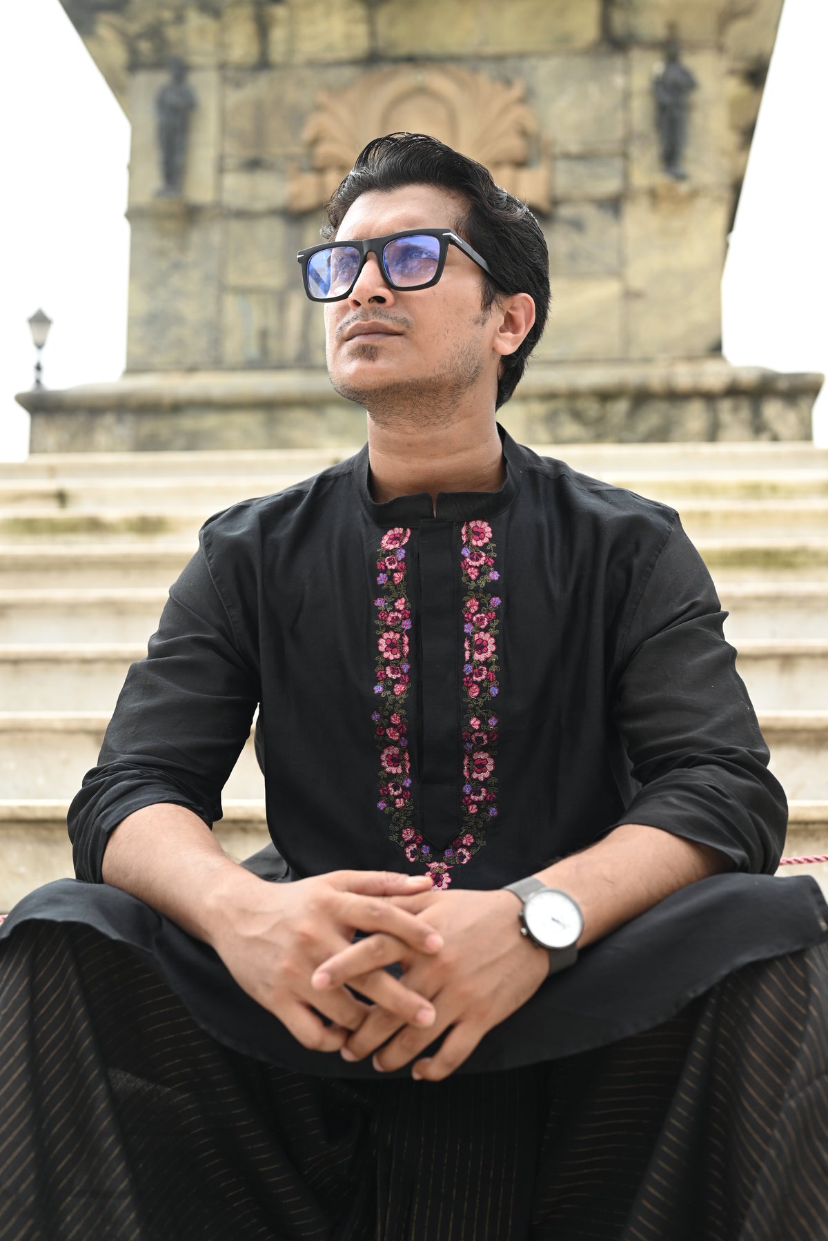 BLACK KASHMIRI GUL EMBROIDERED CHANDERI KURTA