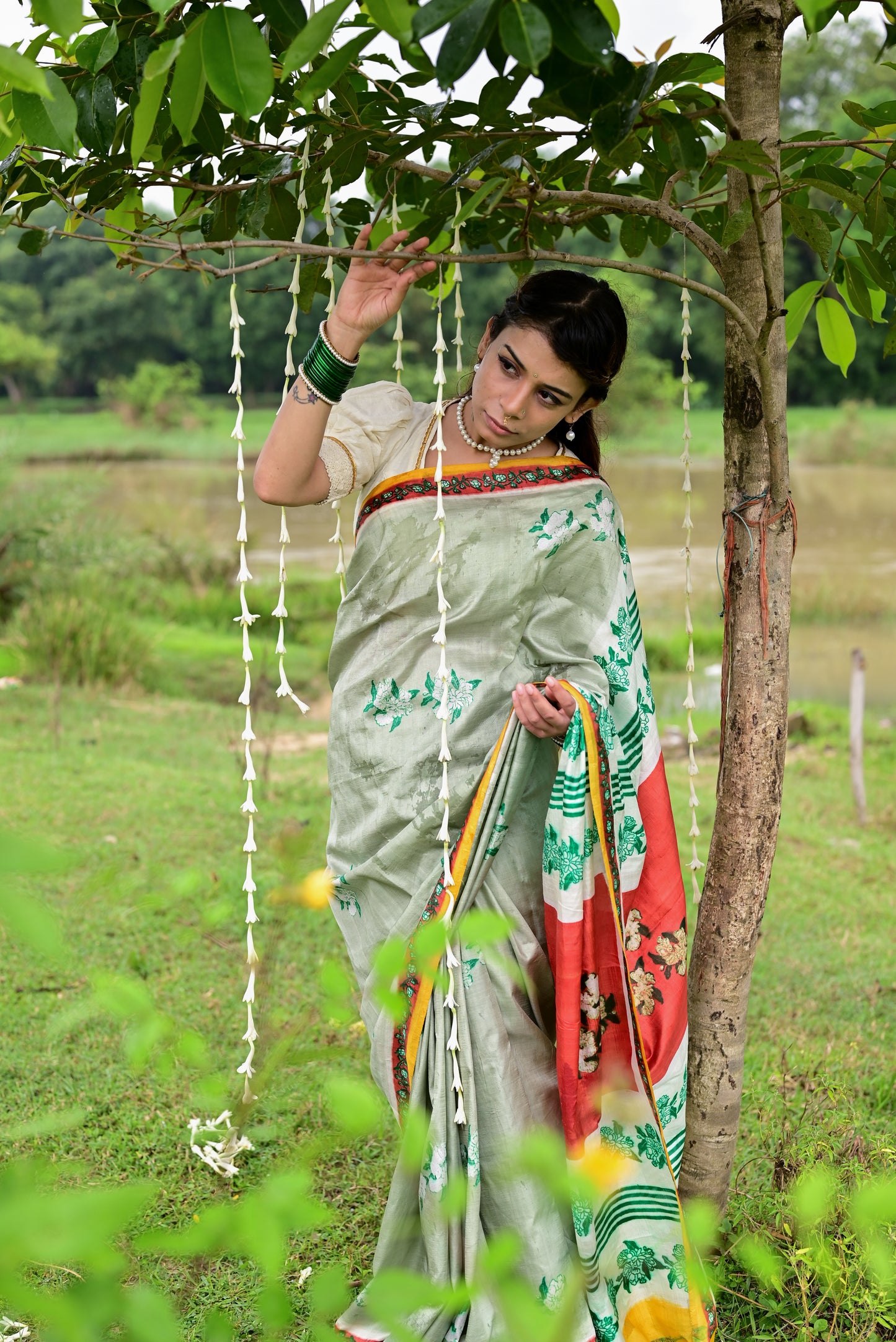 MOGRA HAND BLOCK PRINTED PURE SILK SAREE