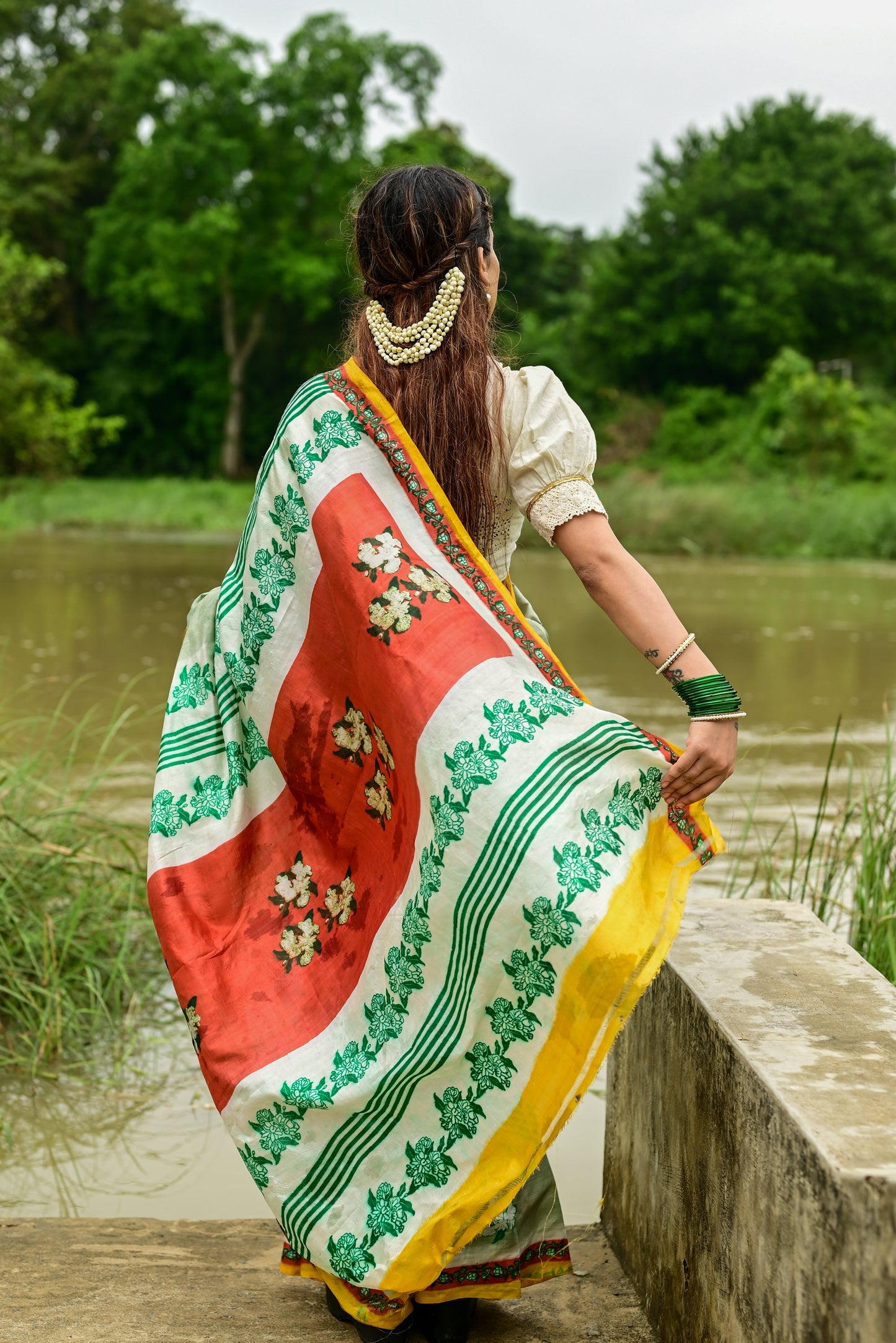 MOGRA HAND BLOCK PRINTED PURE SILK SAREE