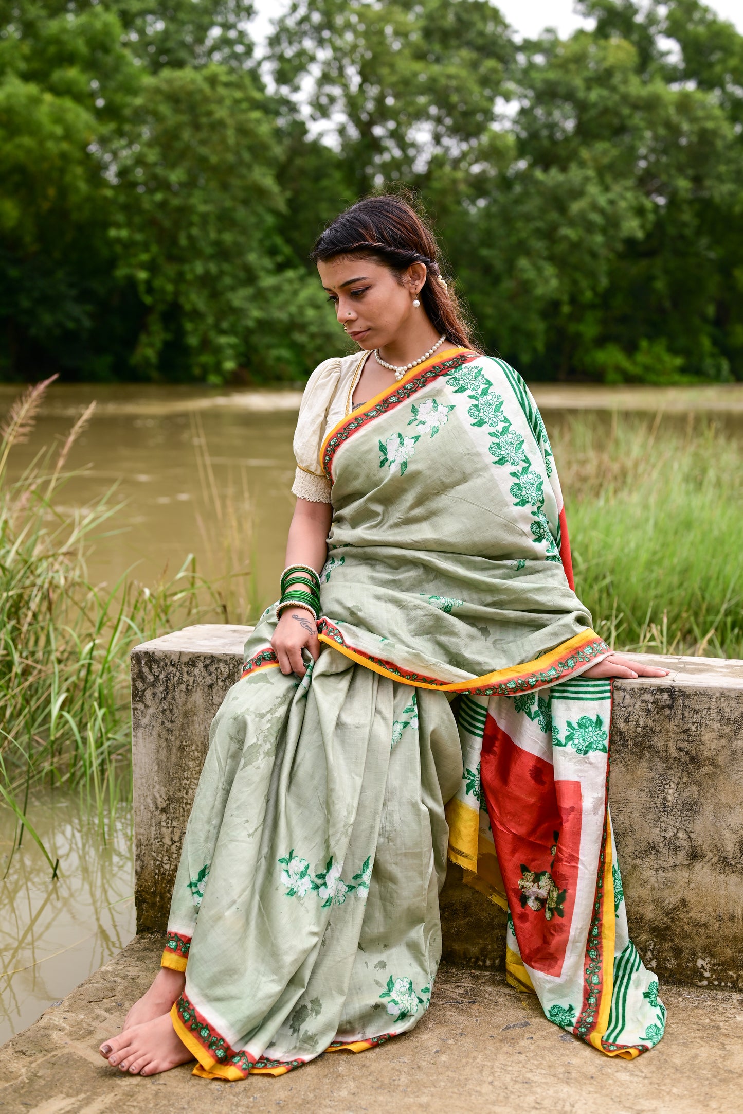 MOGRA HAND BLOCK PRINTED PURE SILK SAREE