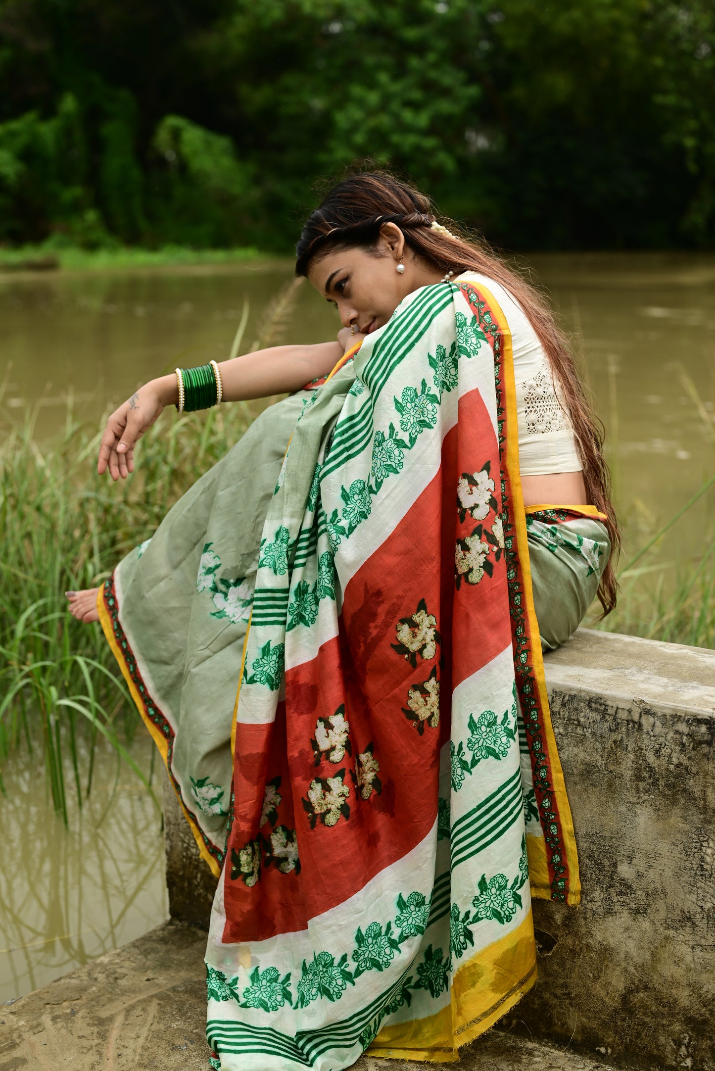 MOGRA HAND BLOCK PRINTED PURE SILK SAREE