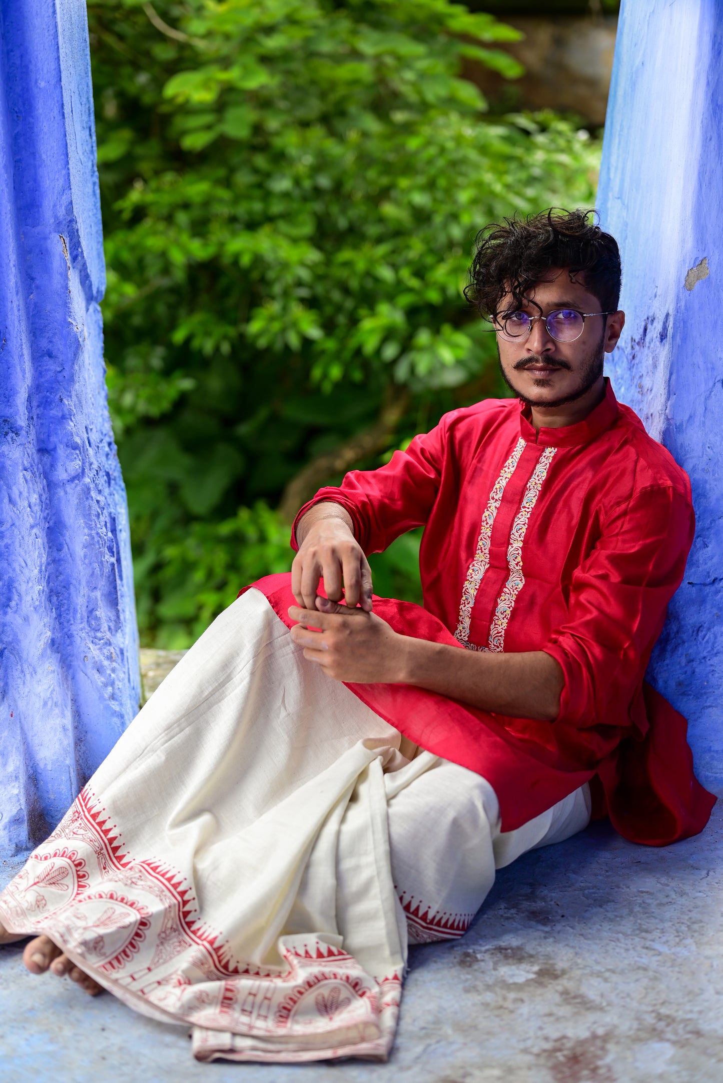 WHITE DURGADALAN HAND BLOCK PRINTED DHUTI