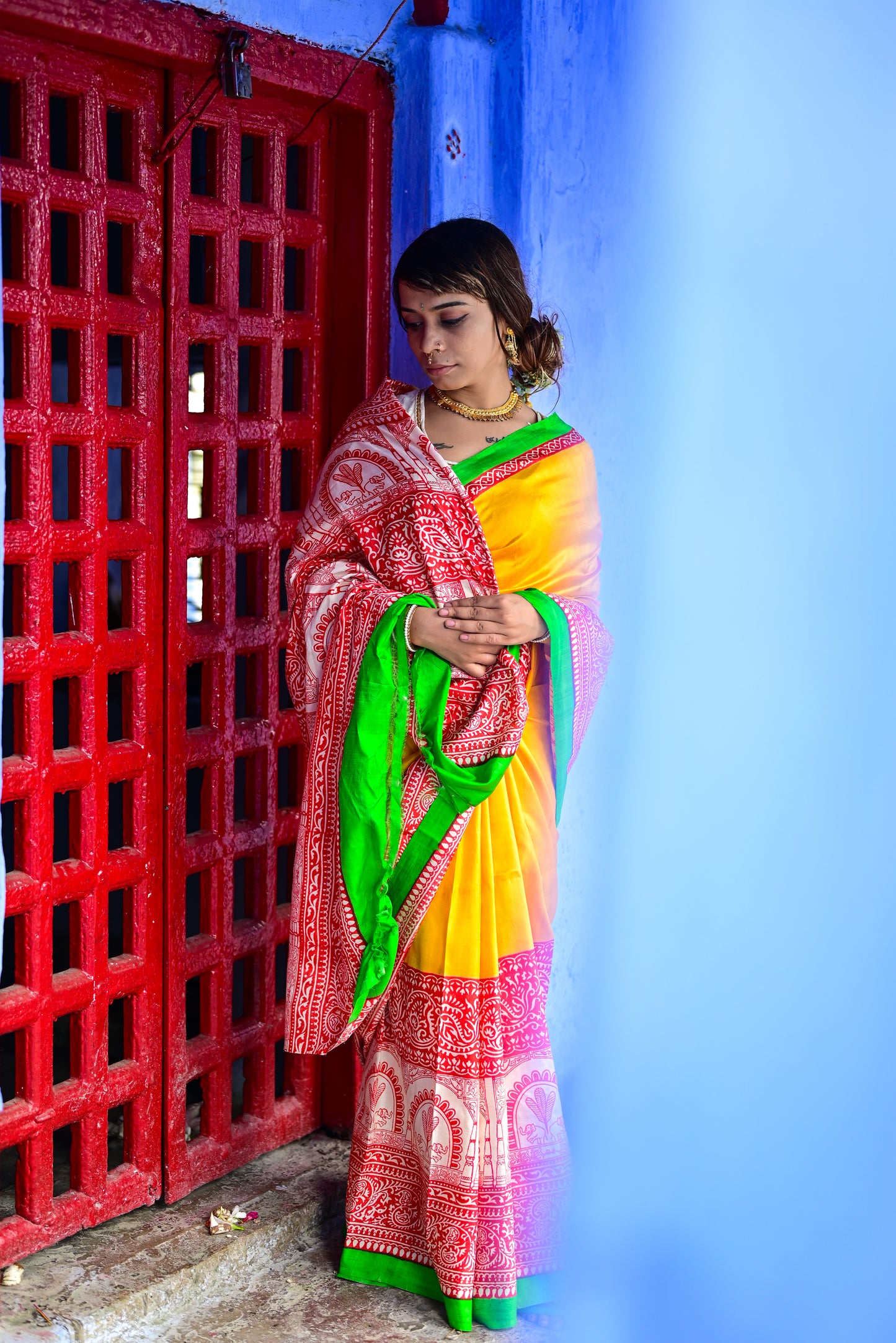 DURGADALAN HAND BLOCK PRINTED PURE SILK SAREE