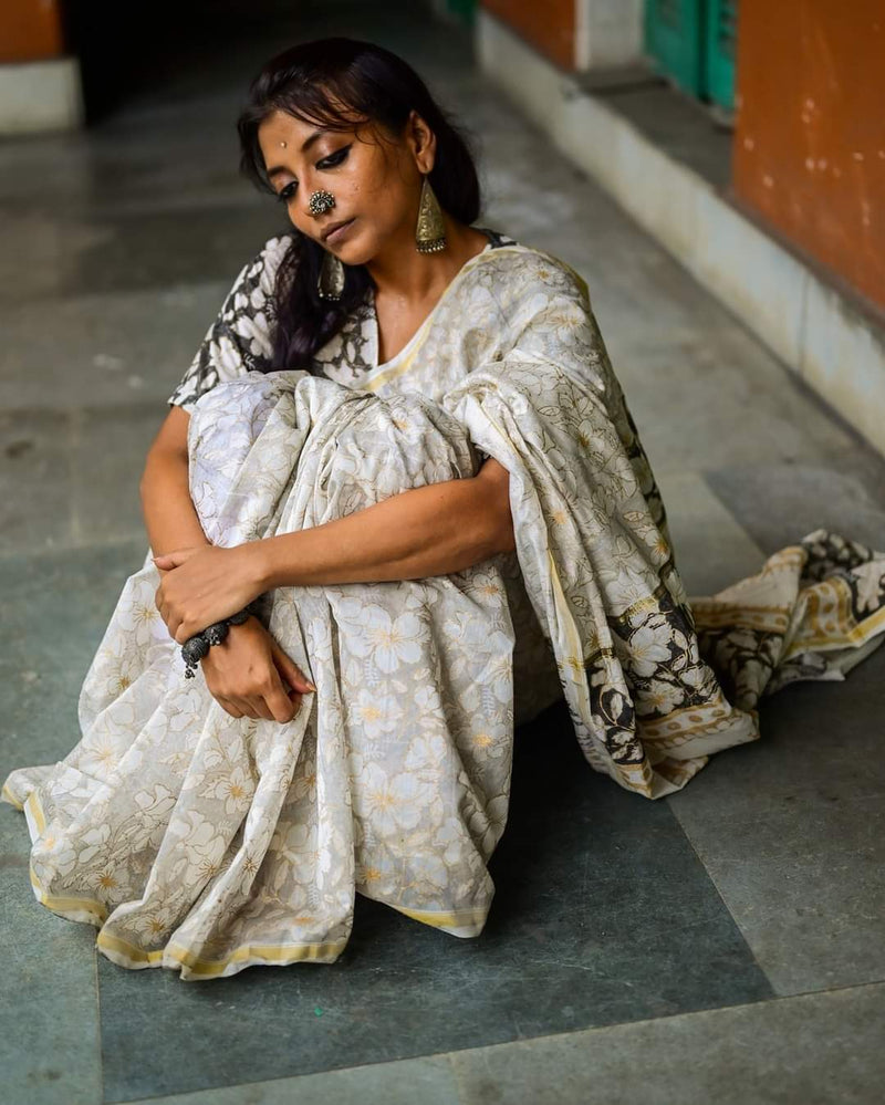 White Hibiscus Chanderi Cotton Silk Saree