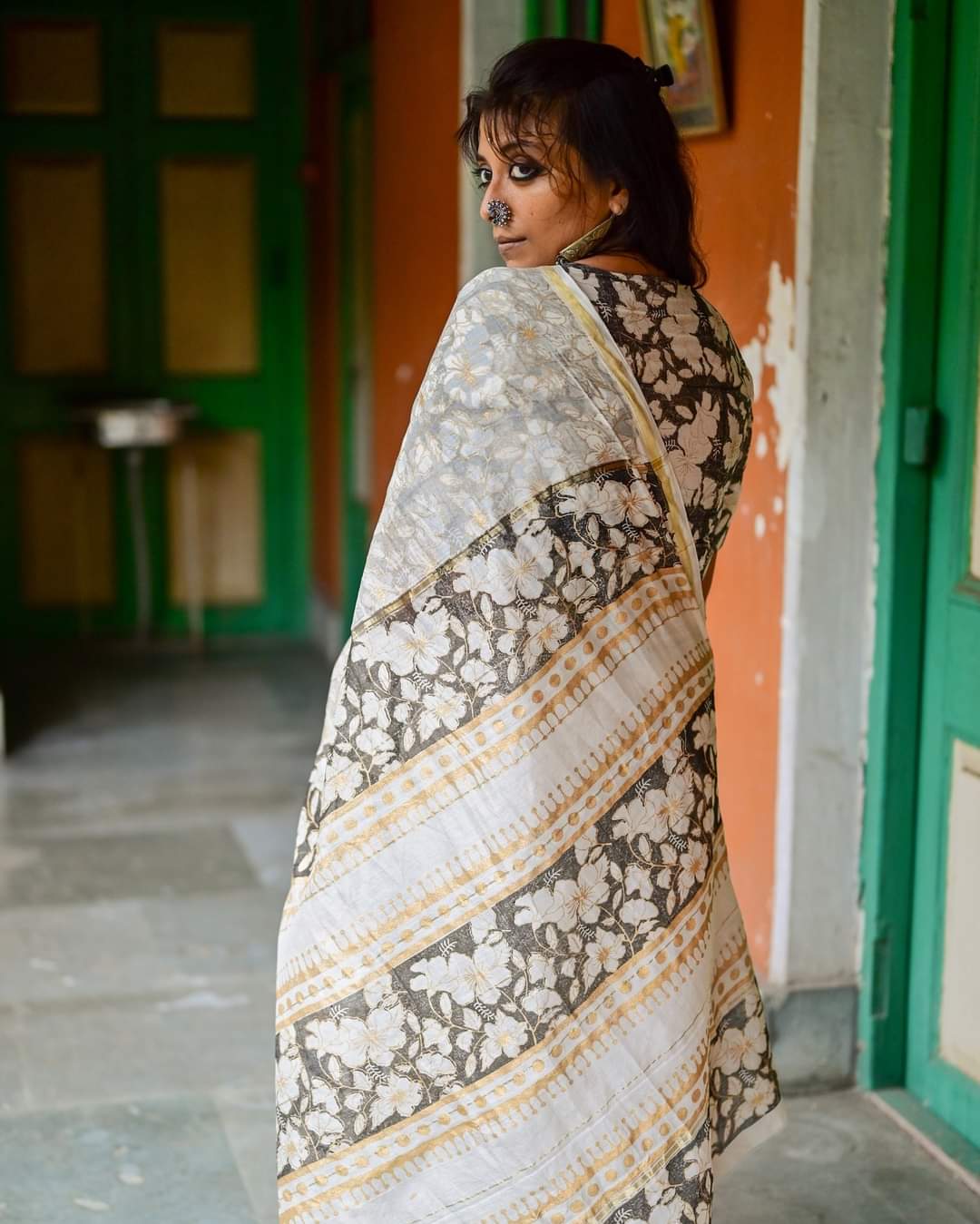 White Hibiscus Chanderi Cotton Silk Saree