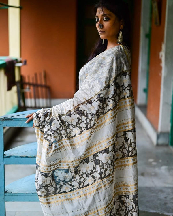 White Hibiscus Chanderi Cotton Silk Saree