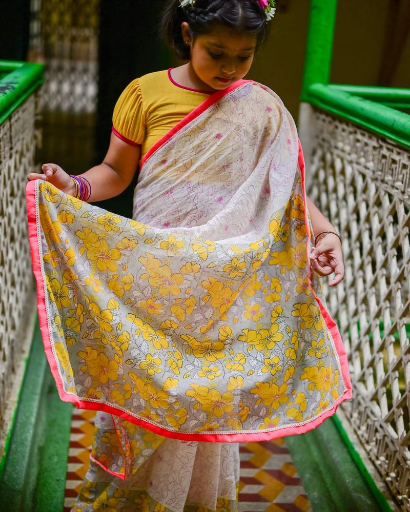 WHITE HIBISCUS KIDS SAREE