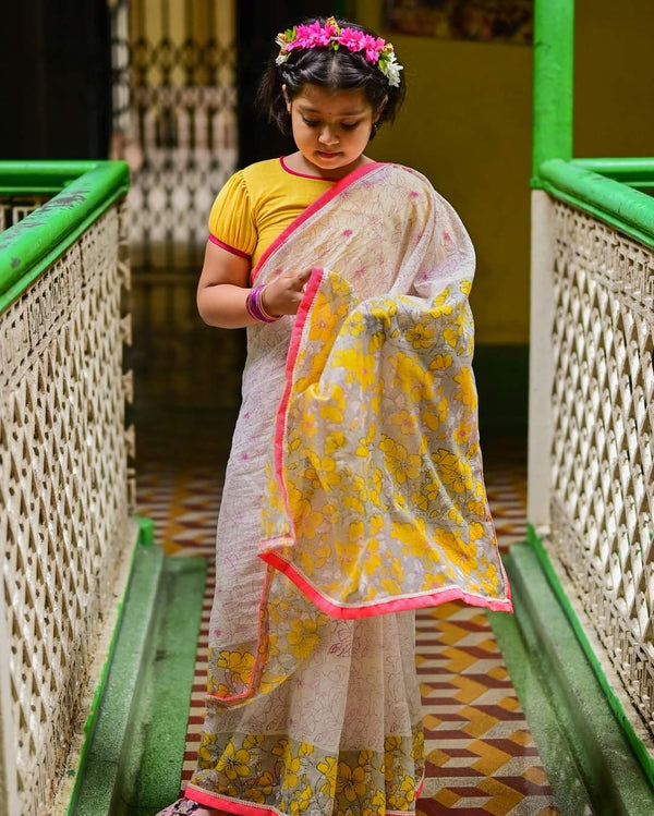 WHITE HIBISCUS KIDS SAREE