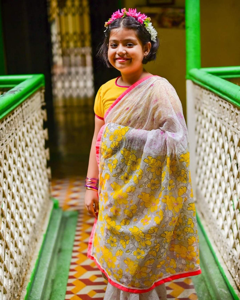 WHITE HIBISCUS KIDS SAREE