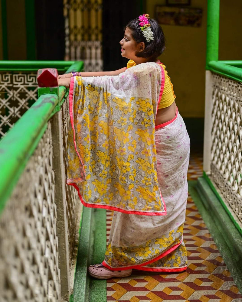 WHITE HIBISCUS KIDS SAREE