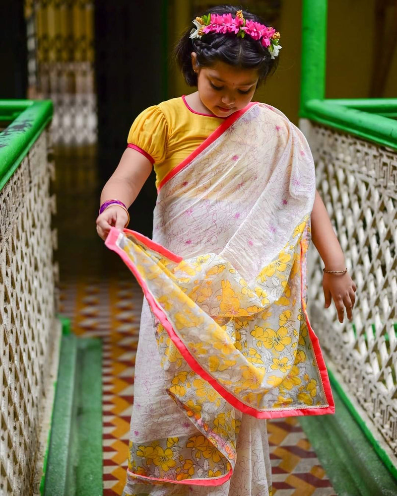 WHITE HIBISCUS KIDS SAREE