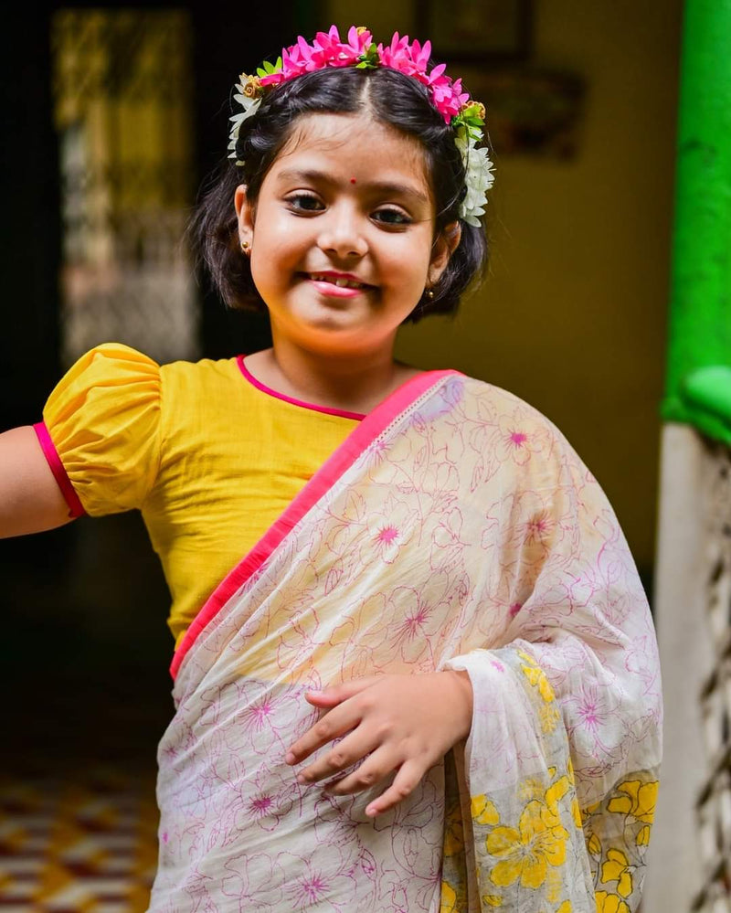 WHITE HIBISCUS KIDS SAREE