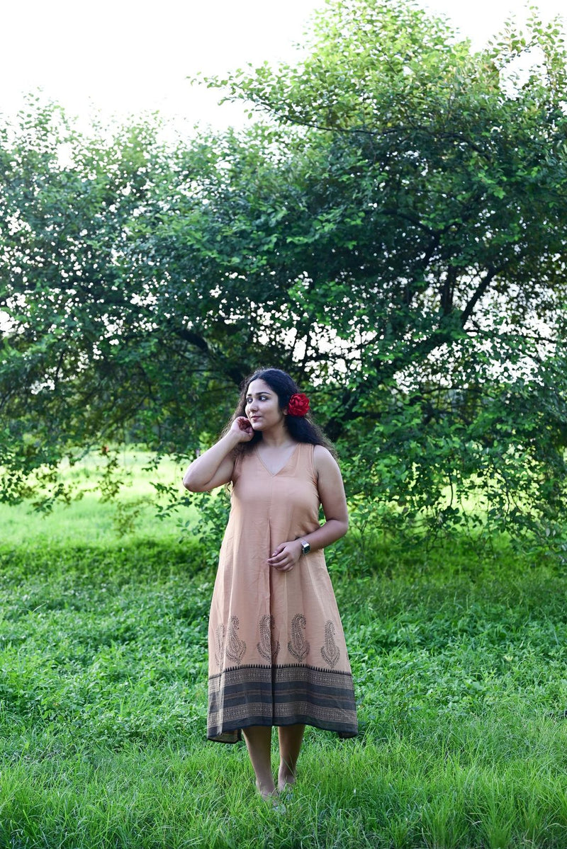 BEIGE BLOCK PRINTED DHONEKHALI DRESS