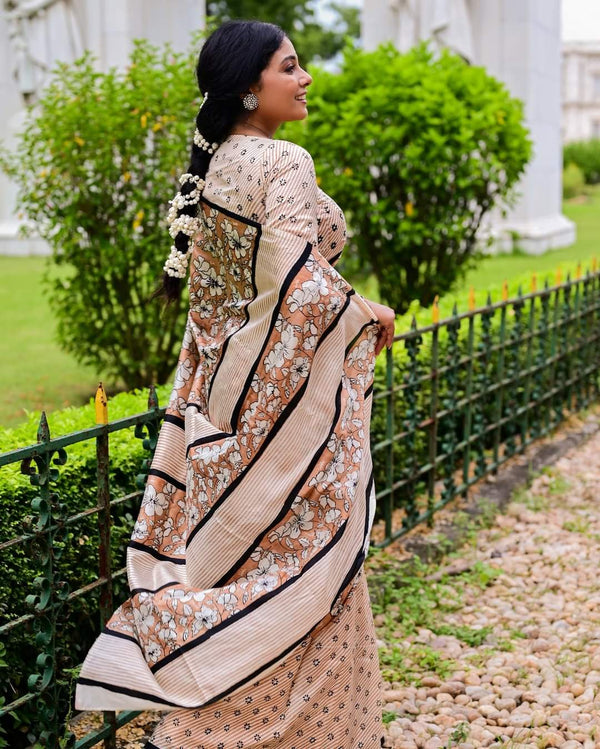 WHITE HIBISCUS HAND BLOCK PRINTED PURE SILK SAREE