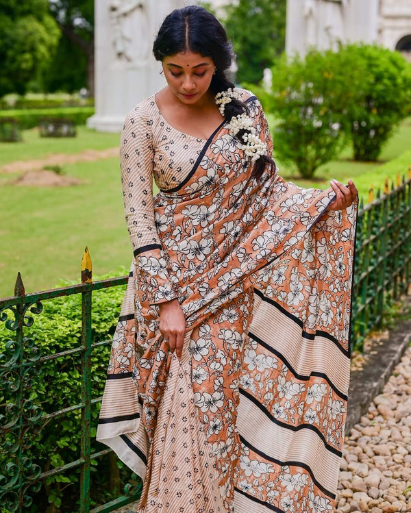 WHITE HIBISCUS HAND BLOCK PRINTED PURE SILK SAREE