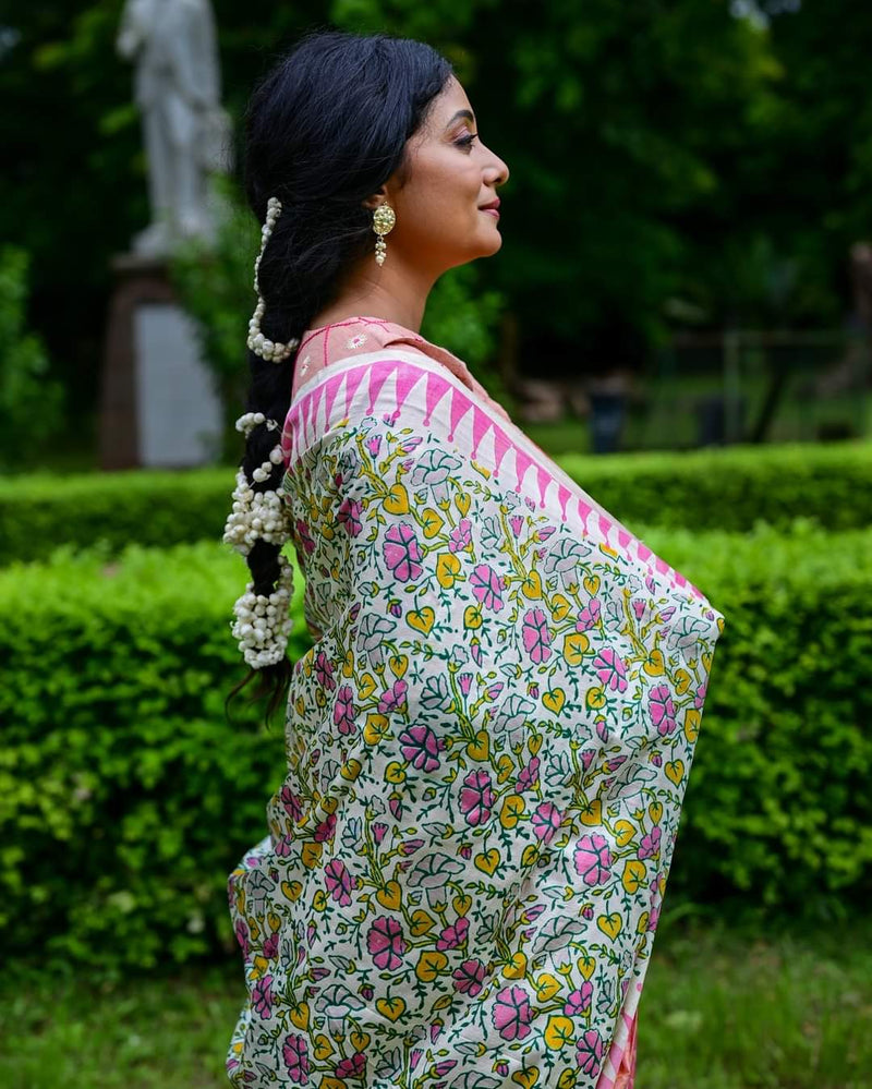 MORNING GLORY HAND BLOCK PRINTED PURE SILK SAREE