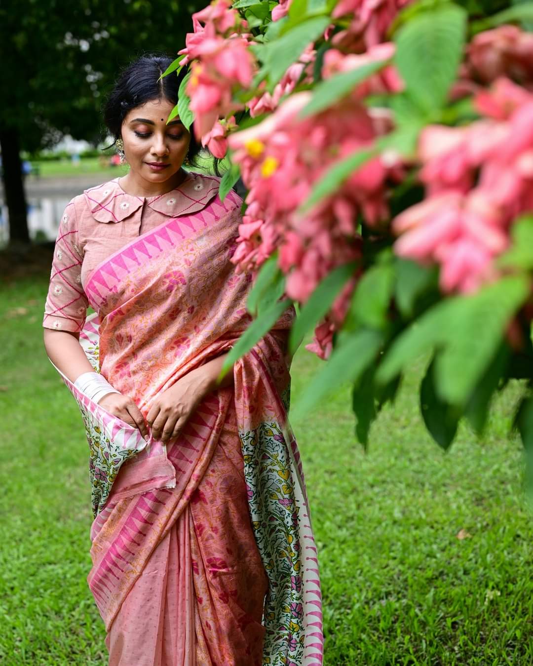 MORNING GLORY HAND BLOCK PRINTED PURE SILK SAREE