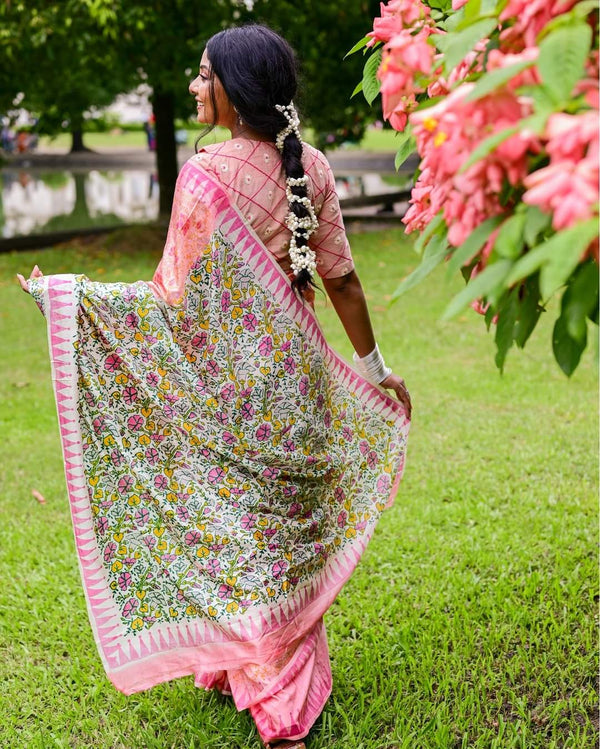 MORNING GLORY HAND BLOCK PRINTED PURE SILK SAREE