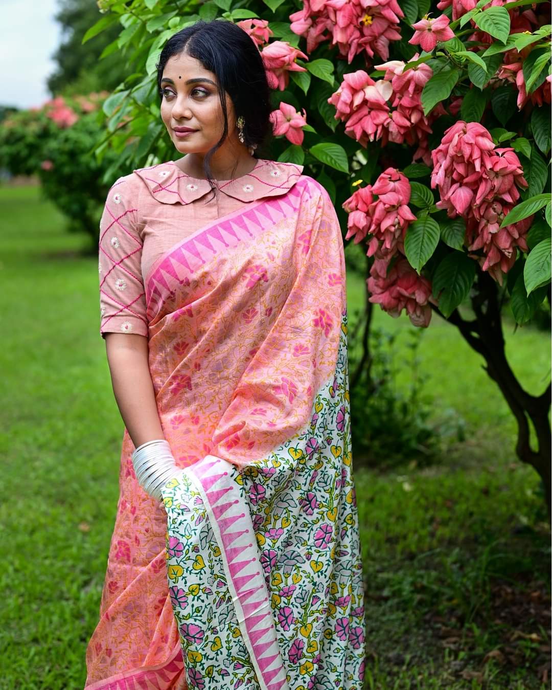 MORNING GLORY HAND BLOCK PRINTED PURE SILK SAREE