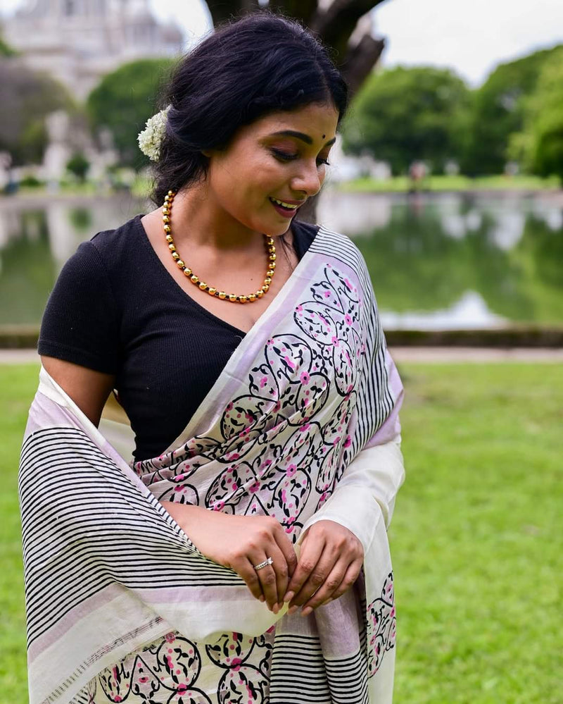 MEHFUZ HAND BLOCK PRINTED PURE SILK SAREE