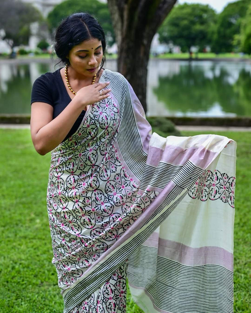 MEHFUZ HAND BLOCK PRINTED PURE SILK SAREE