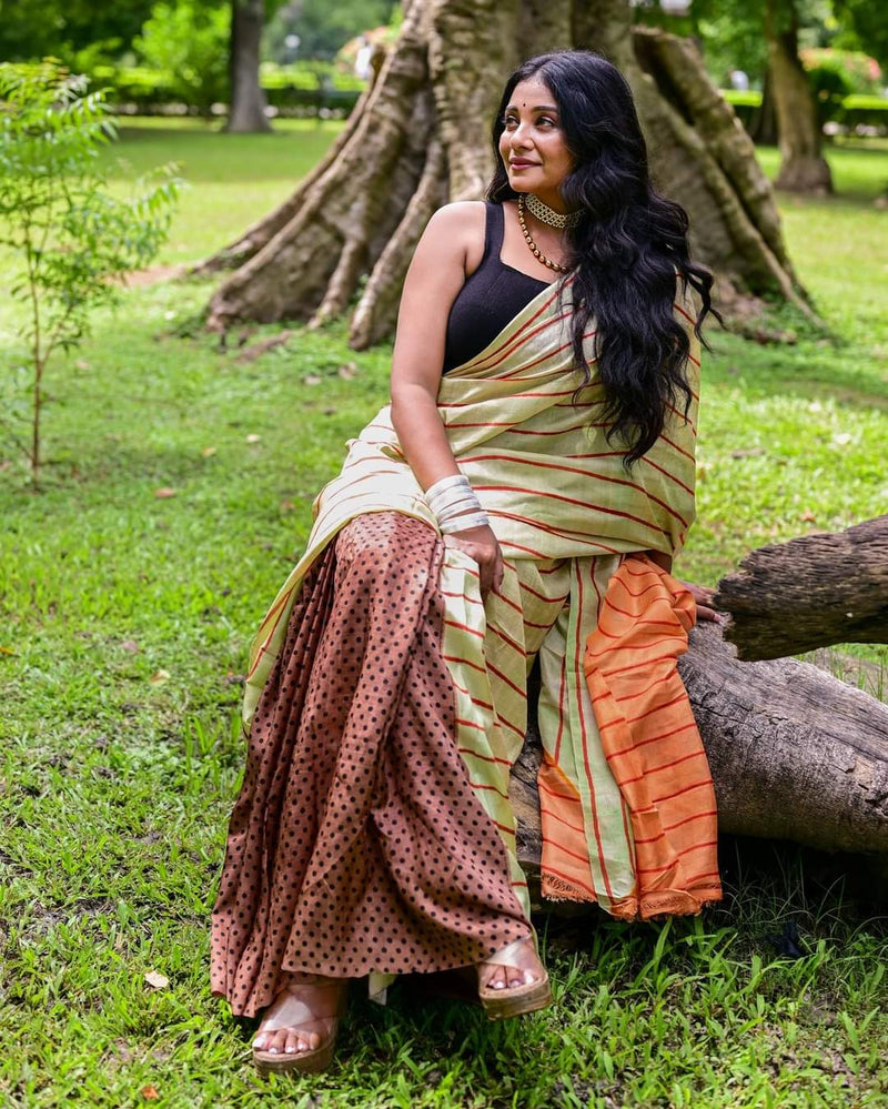 COLOUR BLOCK  HAND BLOCK PRINTED PURE SILK SAREE