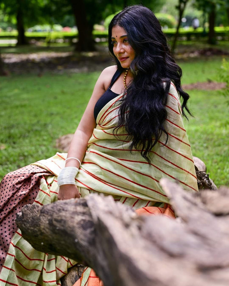 COLOUR BLOCK  HAND BLOCK PRINTED PURE SILK SAREE