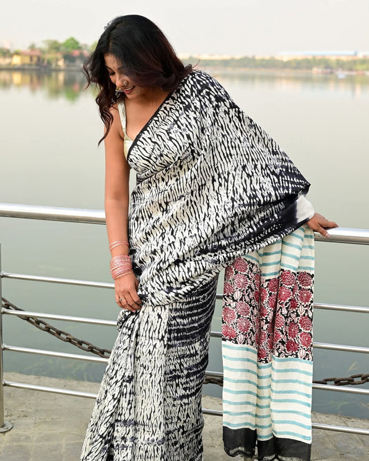 SHIBORI DAHLIA HAND BLOCK PRINTED PURE SILK SAREE
