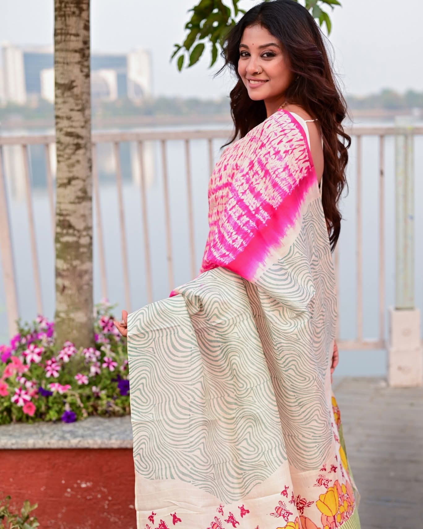 SHIBORI TULIP HAND BLOCK PRINTED PURE SILK SAREE