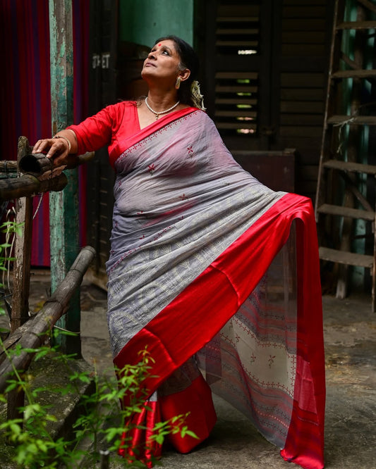 GREY DURGADALAN HAND BLOCK PRINTED DHONEKHALI COTTON SAREE