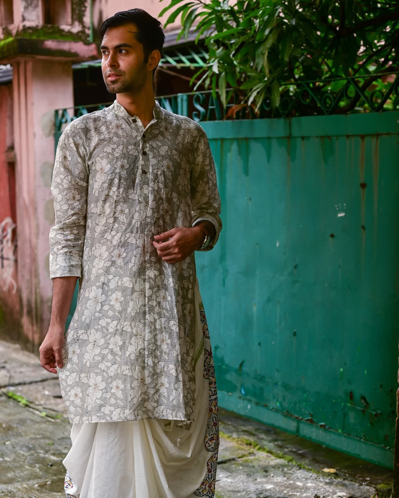 GREY HIBISCUS PRINTED CHANDERI KURTA