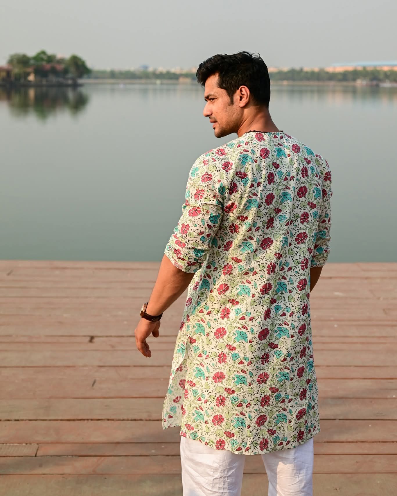MORNING GLORY BLOCK PRINTED COTTON KURTA – HANDLOOM MEN’S KURTA